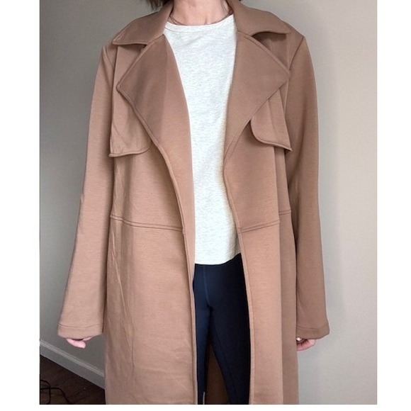 Melloday Camel Tan Chic Trench Coat Belted Long Jacket Soft Stretch Womens L - Picture 3 of 7